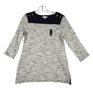 Charter Club Tunic Top‎ Size M Navy Knit 3/4 Sleeve Button Detail Casual Shirt